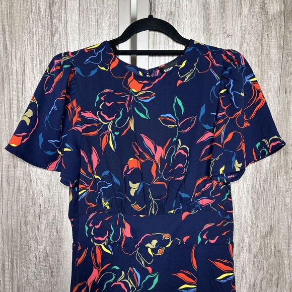 Sugar Lips Maxi Dress Deep Slit Short Sleeves Navy Floral Print Size M - Picture 2 of 10